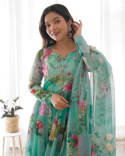 Pista green organza floral printed anarkali suit