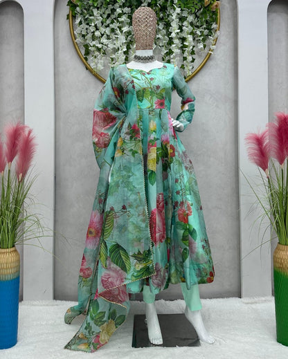Pista green organza floral printed anarkali suit
