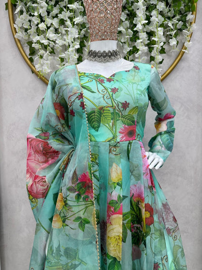 Pista green organza floral printed anarkali suit