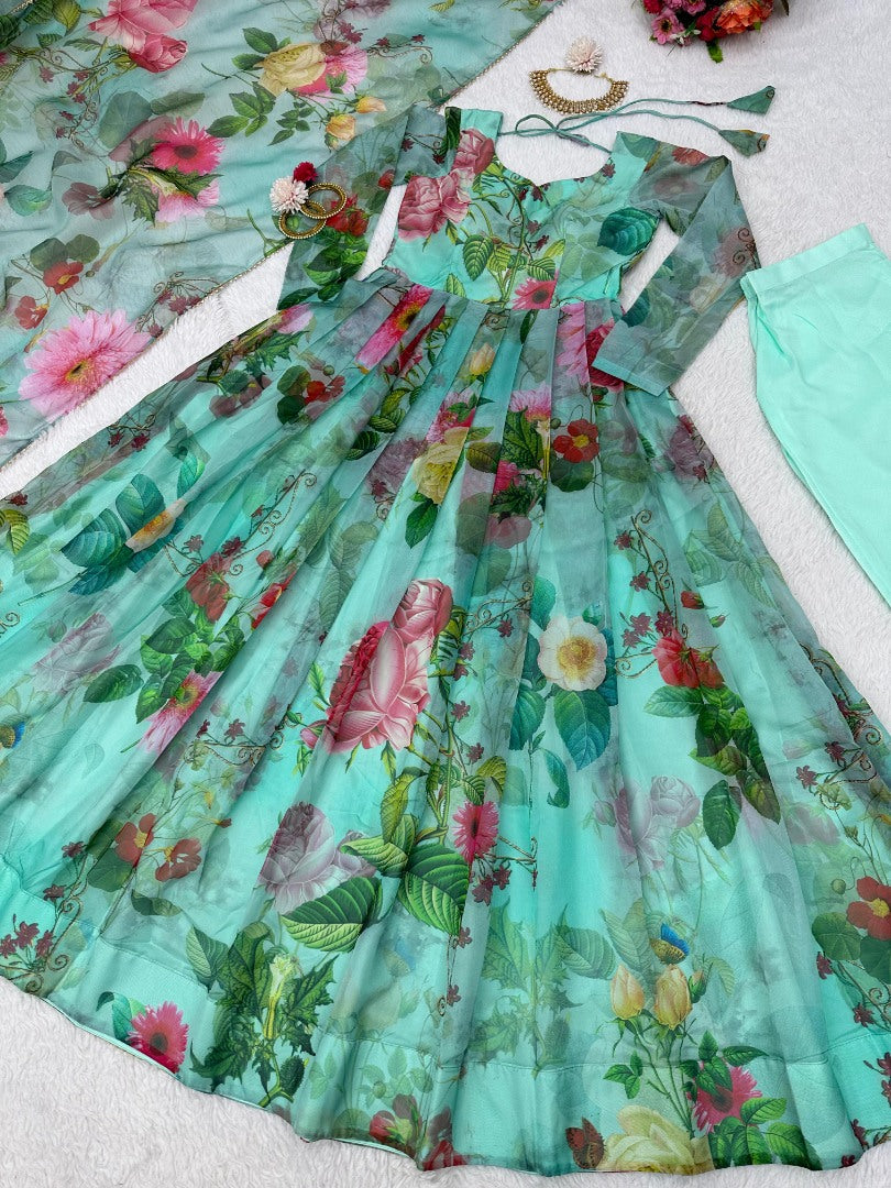Pista green organza floral printed anarkali suit