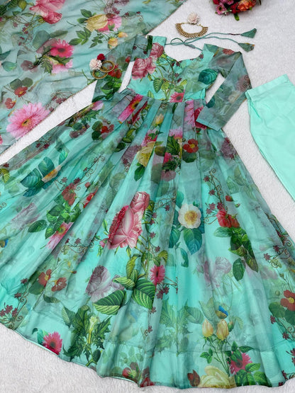 Pista green organza floral printed anarkali suit