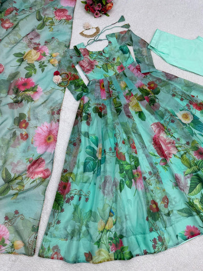 Pista green organza floral printed anarkali suit