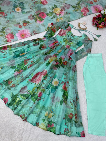 Pista green organza floral printed anarkali suit