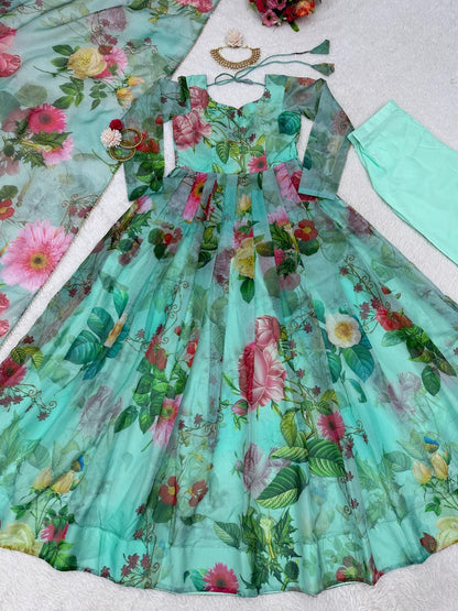 Pista green organza floral printed anarkali suit