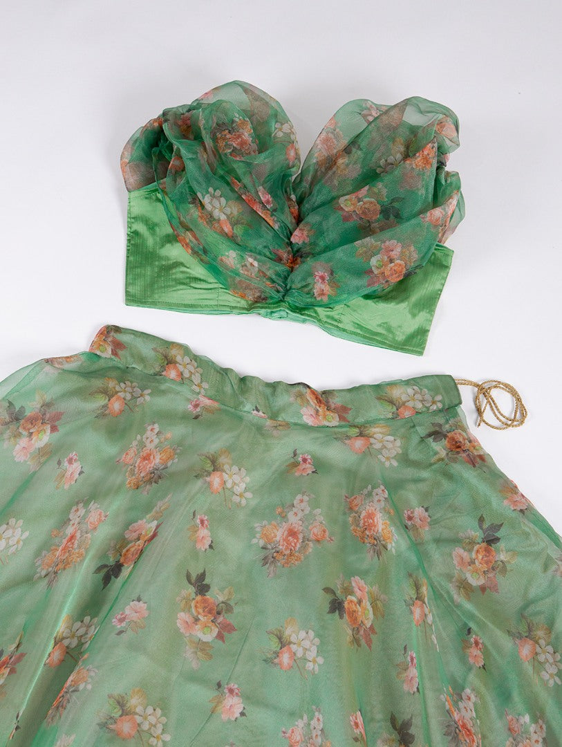 Pista green organza floral printed crop top lehenga