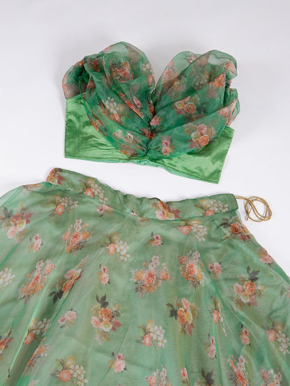 Pista green organza floral printed crop top lehenga