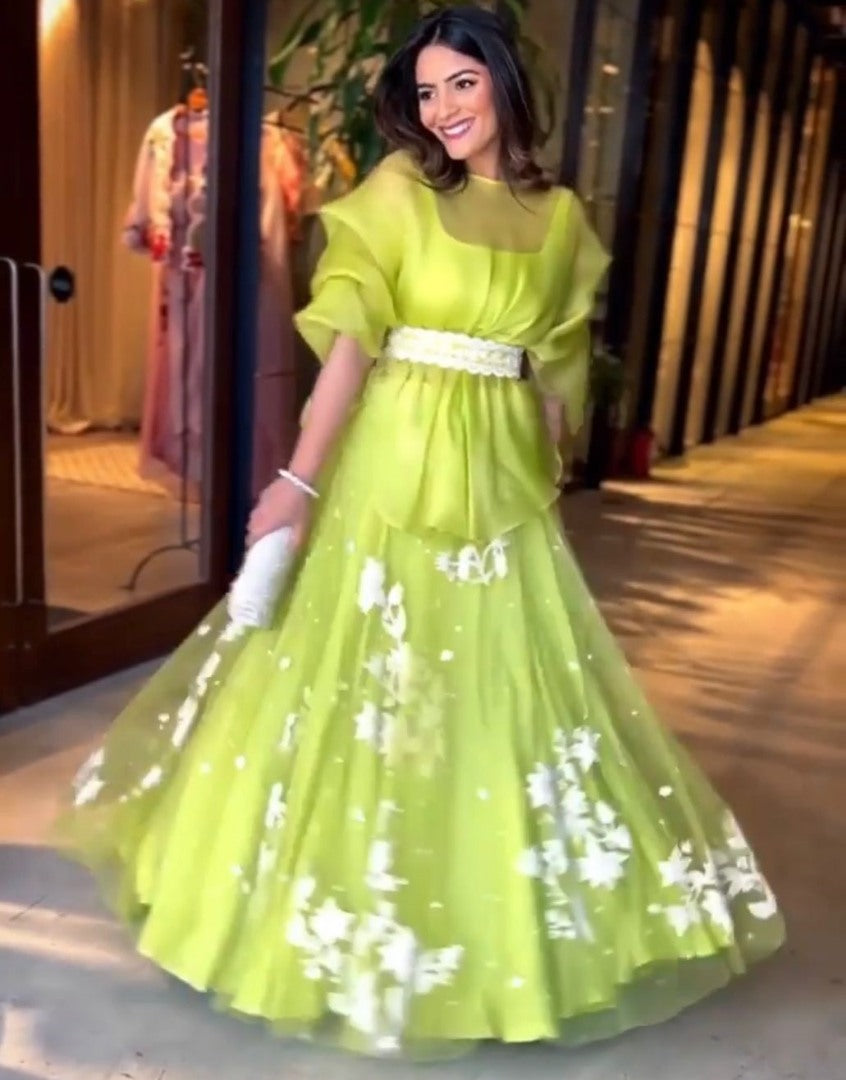 Pista green organza flower thread work designer crop top lehenga with shrug