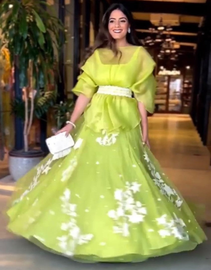 Pista green organza flower thread work designer crop top lehenga with shrug