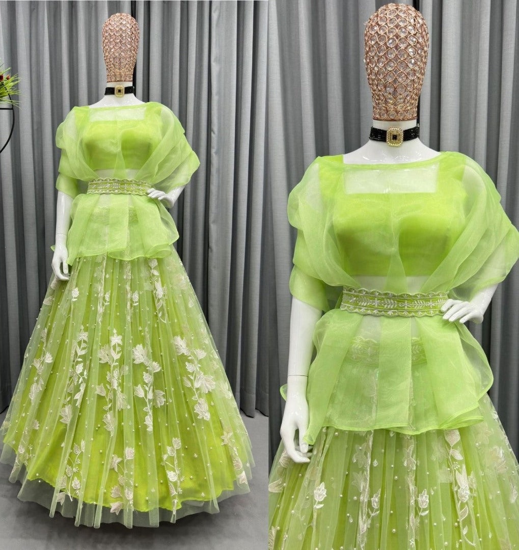 Pista green organza flower thread work designer crop top lehenga with shrug