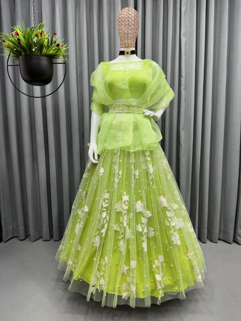 Pista green organza flower thread work designer crop top lehenga with shrug