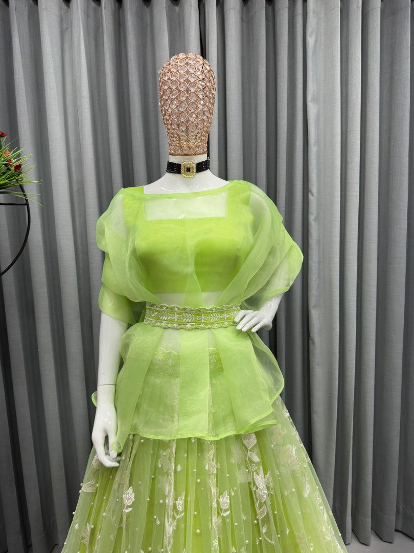 Pista green organza flower thread work designer crop top lehenga with shrug