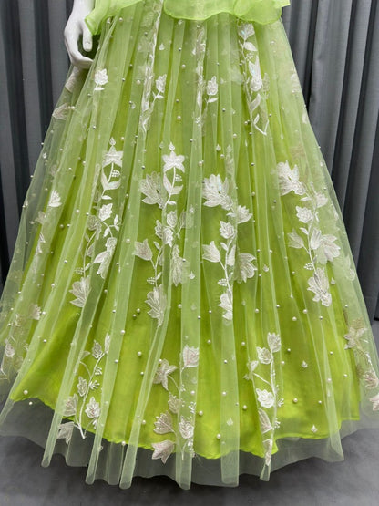 Pista green organza flower thread work designer crop top lehenga with shrug