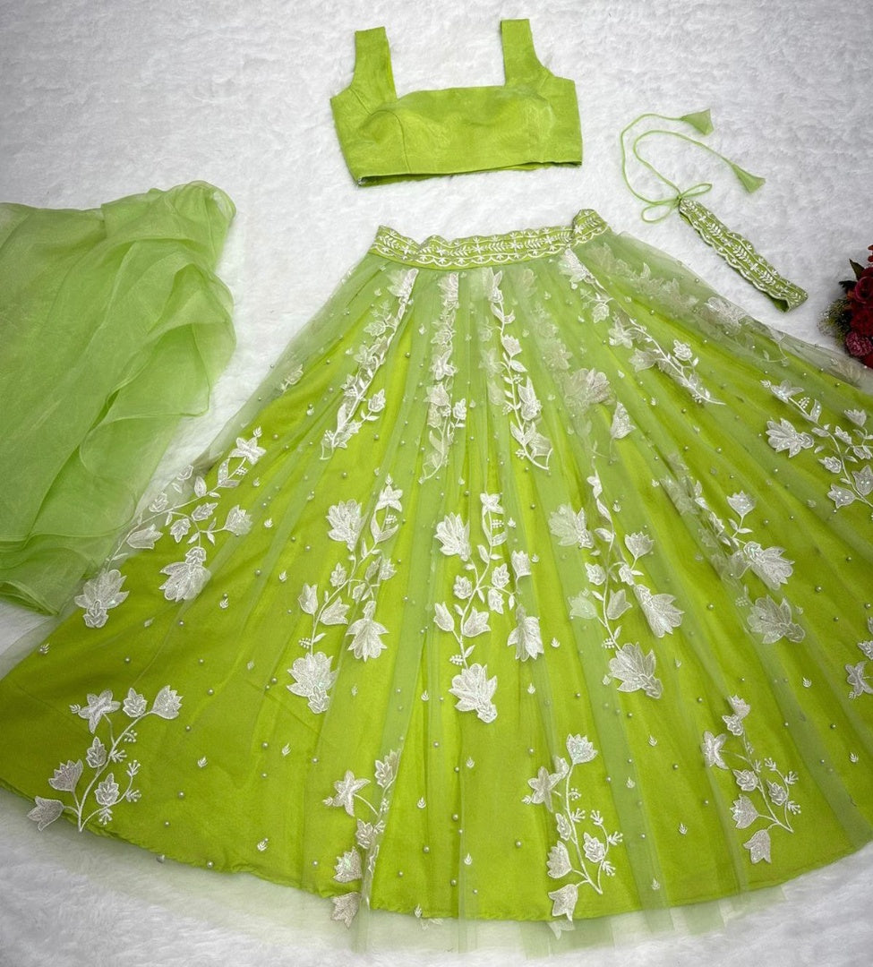 Pista green organza flower thread work designer crop top lehenga with shrug