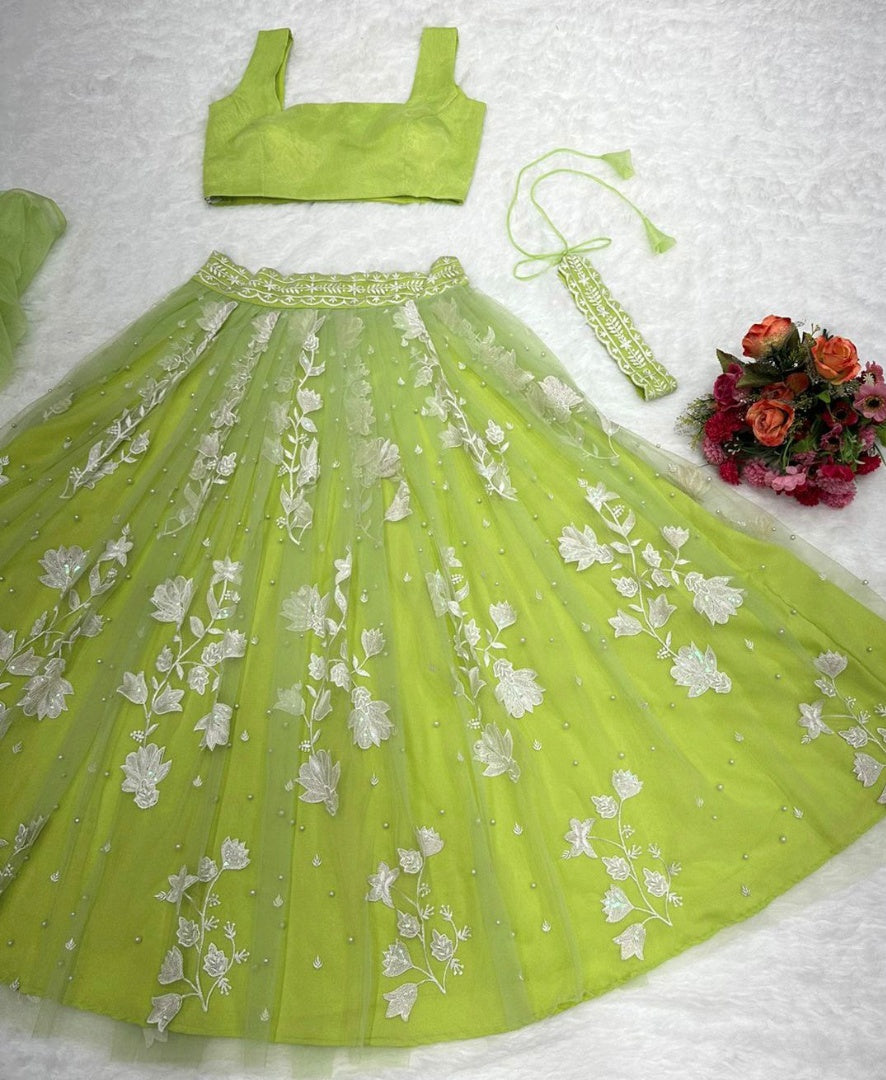 Pista green organza flower thread work designer crop top lehenga with shrug