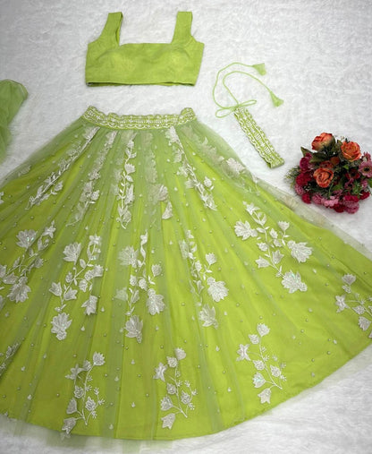 Pista green organza flower thread work designer crop top lehenga with shrug