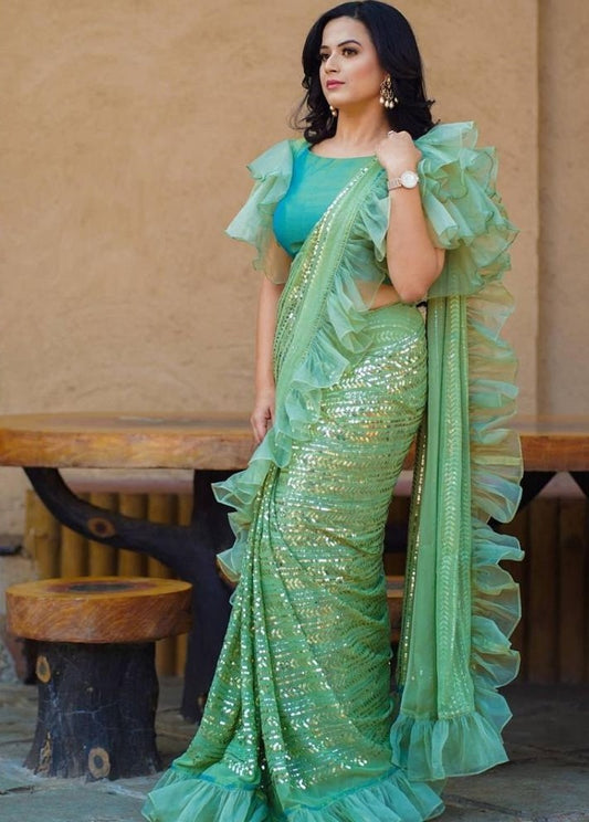 Pista green organza georgette sequence embroidered saree