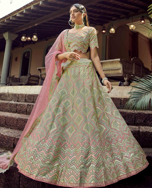 Pista green organza gota and resham work bridal lehenga choli