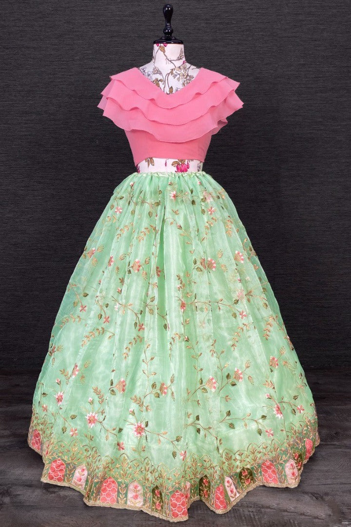 Pista green organza heavy embroidered crop top lehenga
