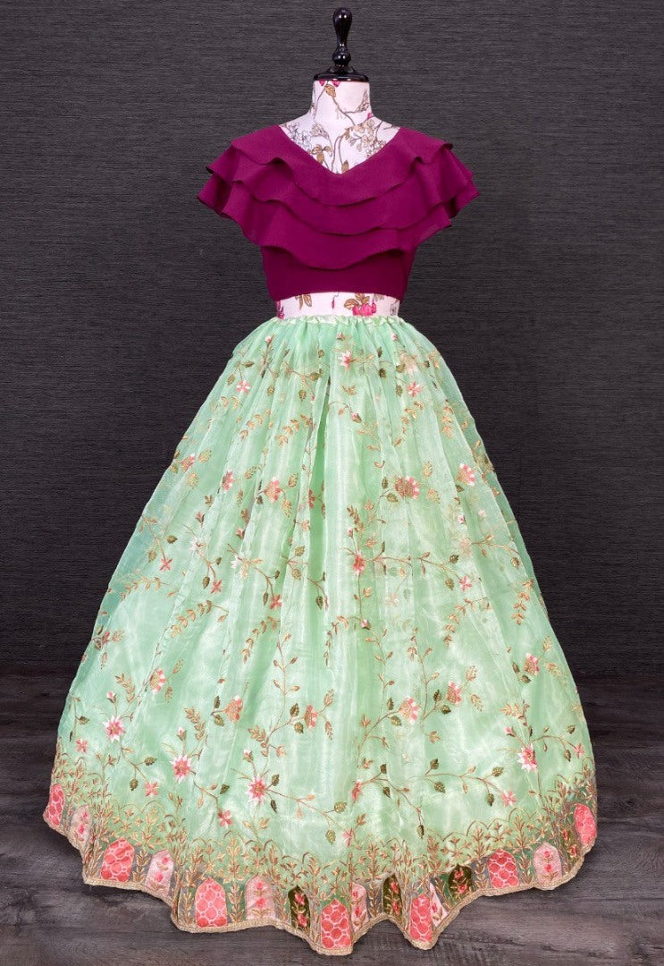 Pista green organza heavy embroidered crop top lehenga
