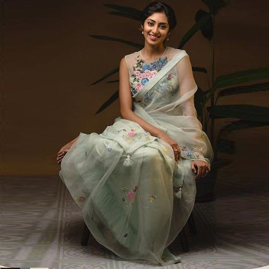 Pista green organza silk multi threadwork saree