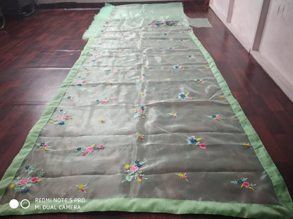 Pista green organza silk multi threadwork saree