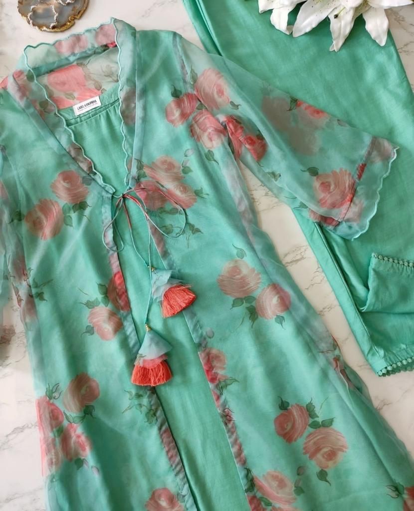 Pista green organza silk printed raksha bandhan special pant suit with shrug