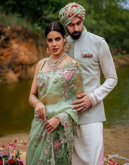 pista green organza silk thread embroidered designer saree