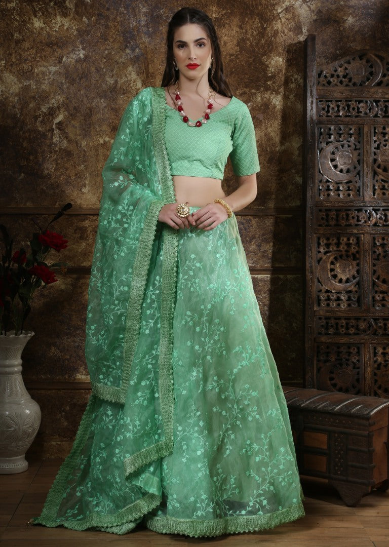 Pista green organza thread work lehenga choli