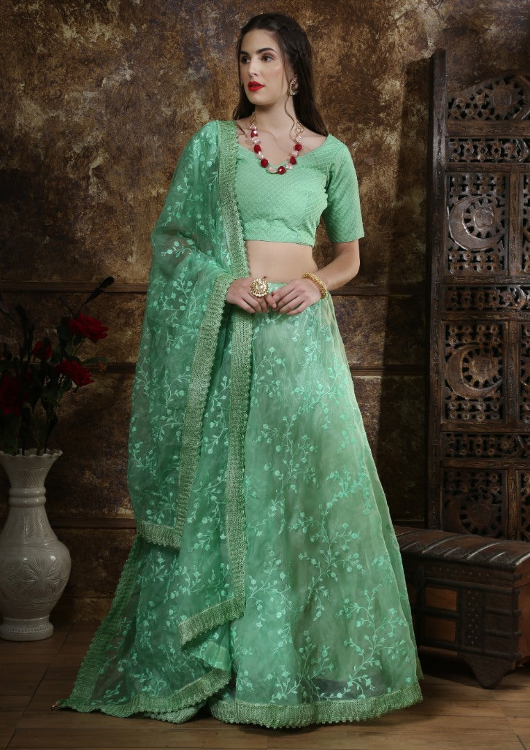 Pista green organza thread work lehenga choli