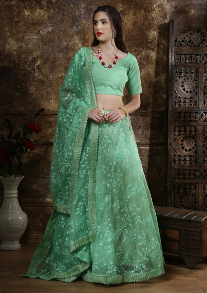 Pista green organza thread work lehenga choli