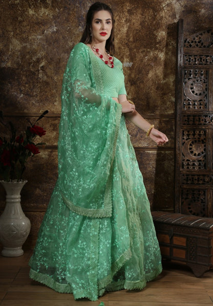 Pista green organza thread work lehenga choli