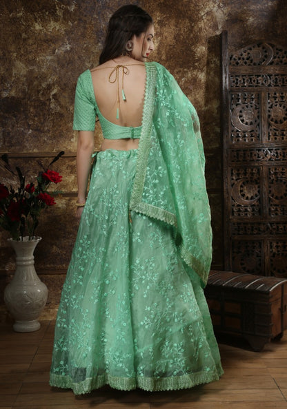 Pista green organza thread work lehenga choli