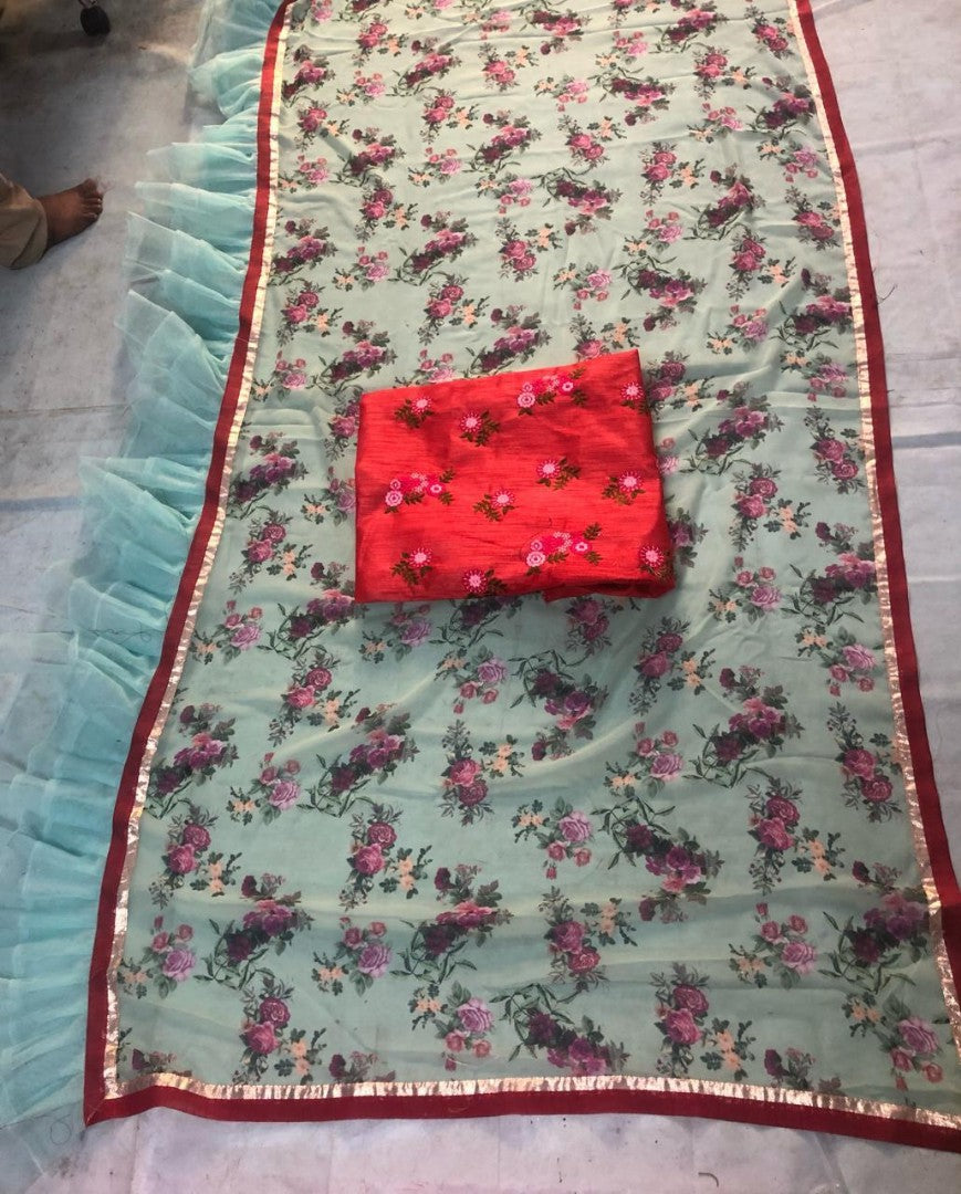 pista green printed georgette stylist ruffle saree