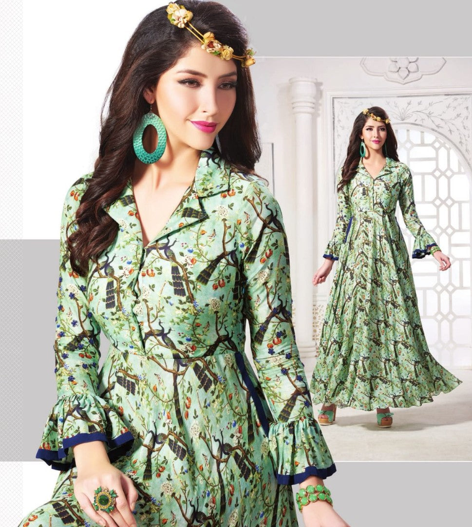 pista green printed long kurti