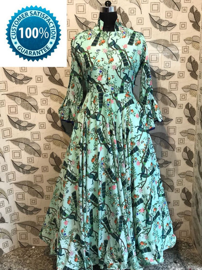 pista green printed long kurti