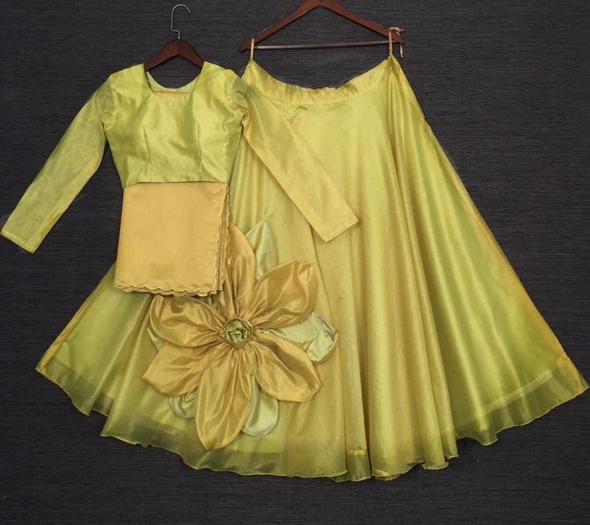 Pista green rajwadi chanderi silk hand made flower lehenga choli