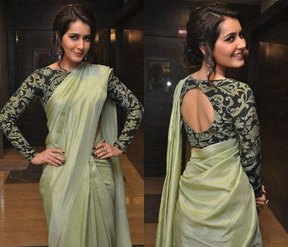 Pista green sana silk plain bollywood style partywear saree