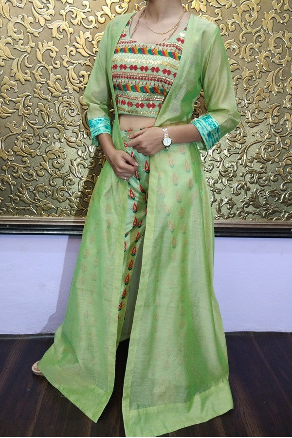pista green satin banglori printed plazzo suit with jacket