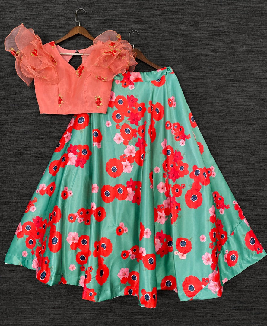 Pista green satin flower printed crop top lehenga