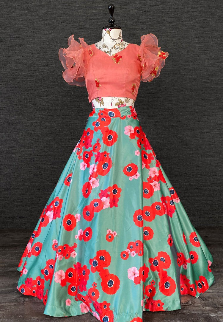 Pista green satin flower printed crop top lehenga