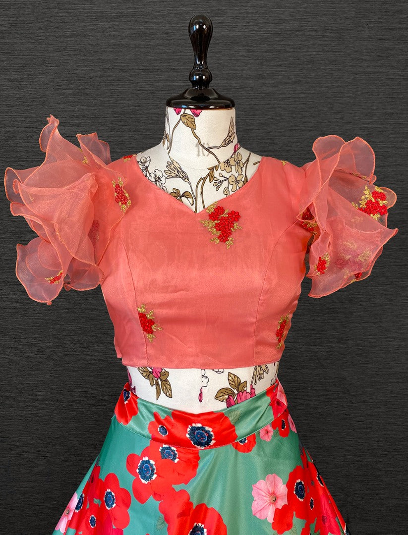 Pista green satin flower printed crop top lehenga