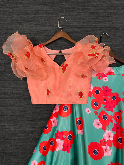 Pista green satin flower printed crop top lehenga