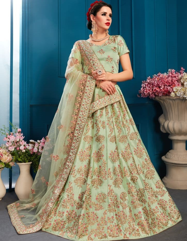 Pista green satin heavy embroidered wedding lehenga