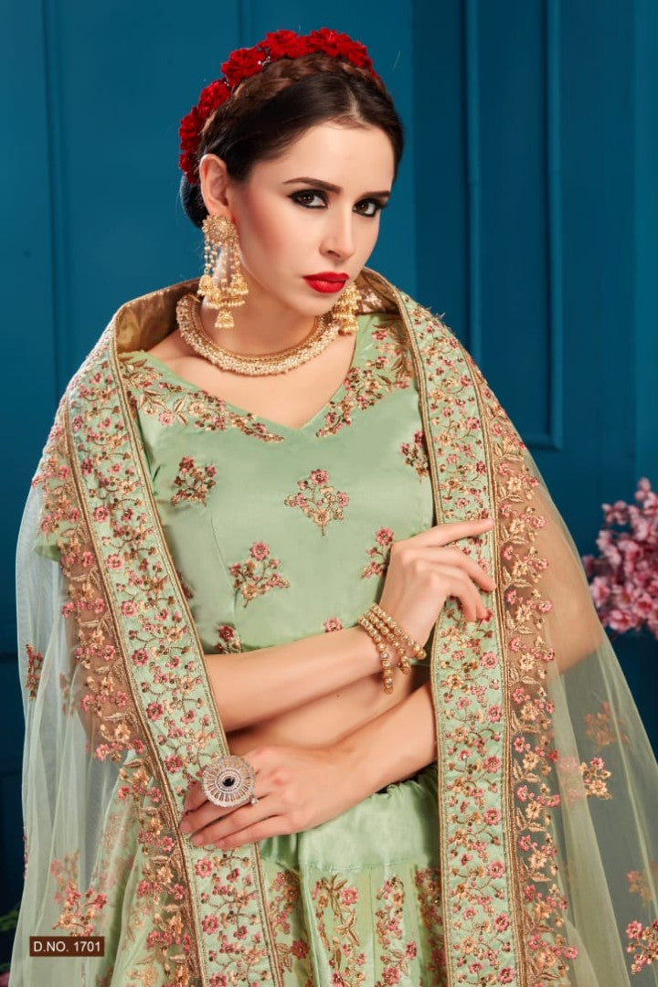 Pista green satin heavy embroidered wedding lehenga