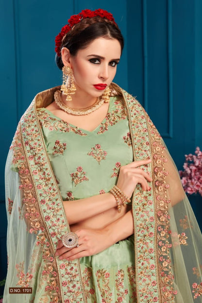 Pista green satin heavy embroidered wedding lehenga