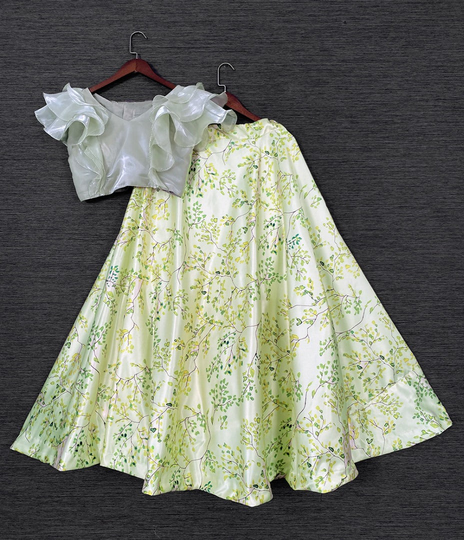 Pista green satin printed crop top lehenga