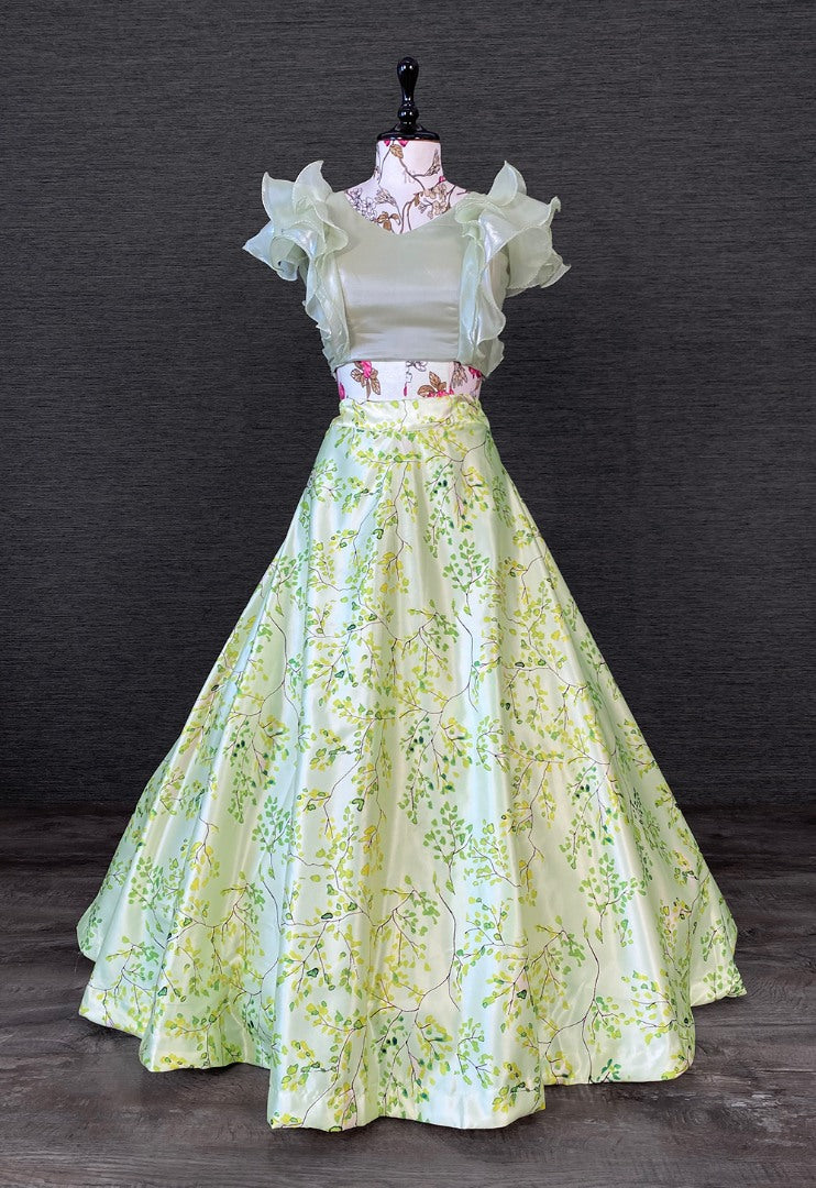 Pista green satin printed crop top lehenga