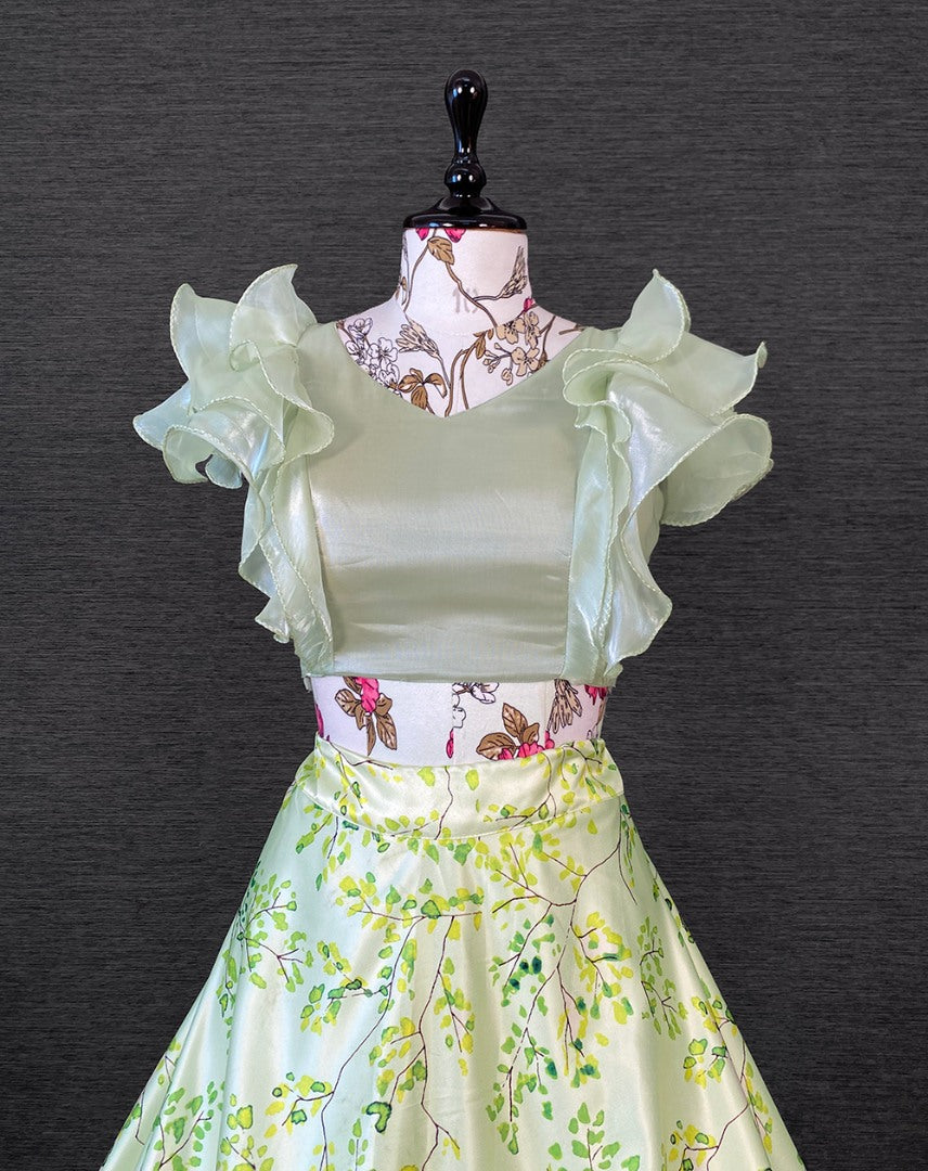 Pista green satin printed crop top lehenga