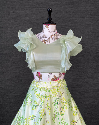 Pista green satin printed crop top lehenga