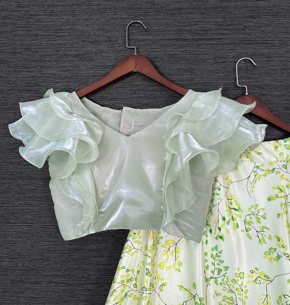 Pista green satin printed crop top lehenga
